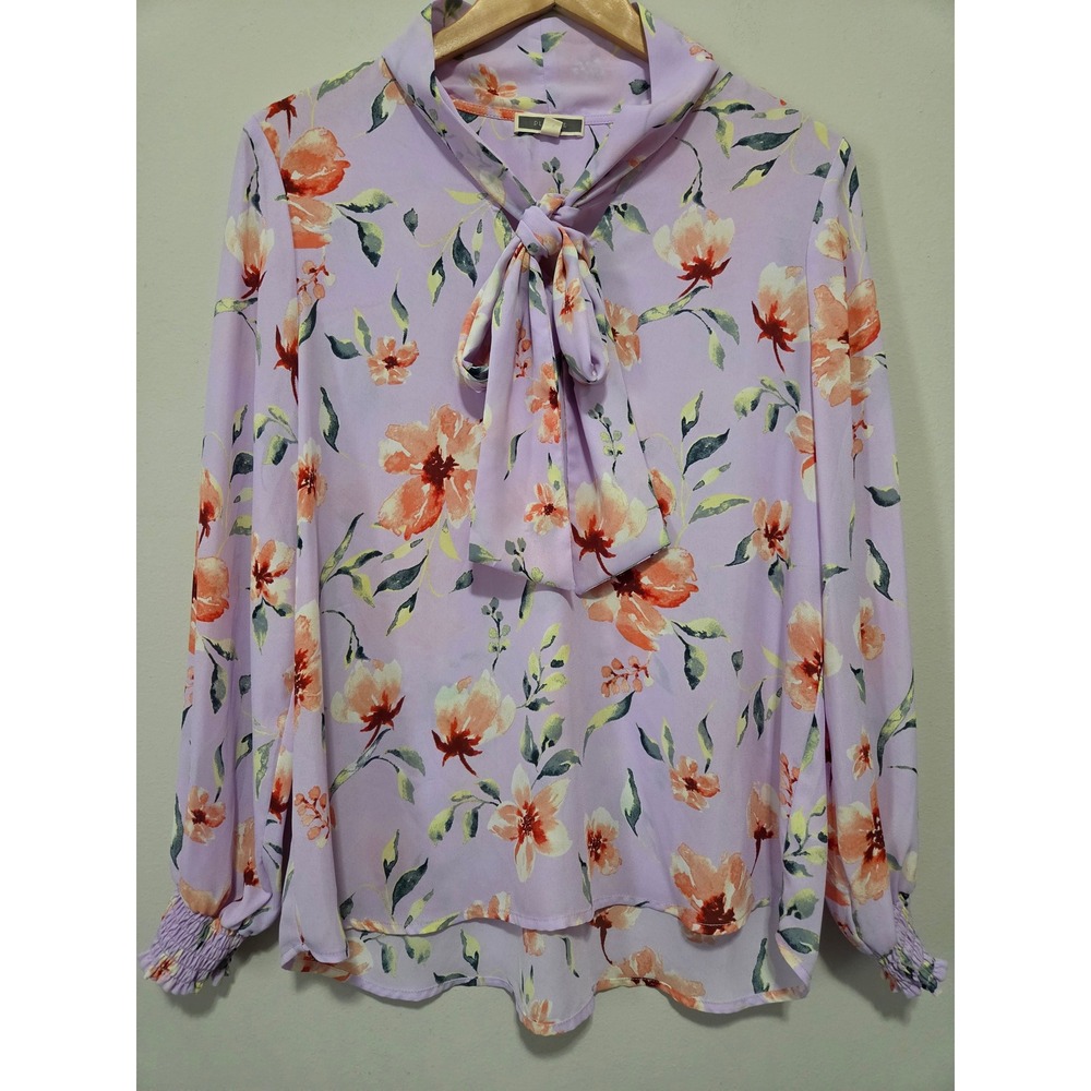 Pleione Lavender‎ Floral Tie Neck Blouse Smocked Cuff Purple Orange Medium